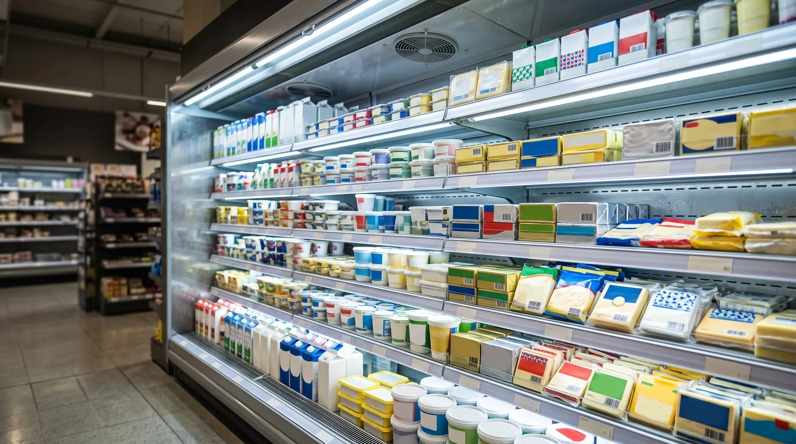 Open-front refrigerated dairy case in a grocery store, equipment that conventional building automation often leaves unmonitored