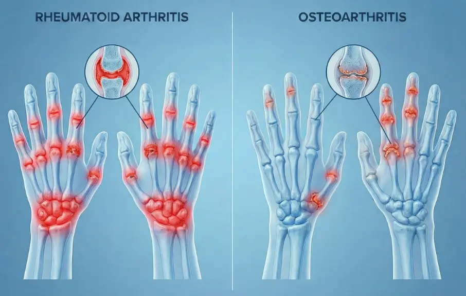 Hand illustration comparing rheumatoid arthritis with symmetrical joint inflammation to osteoarthritis with more uneven, localized joint wear.