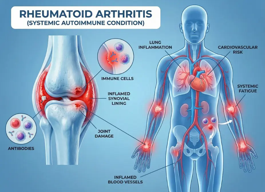 Infographic showing rheumatoid arthritis as a systemic autoimmune condition, with inflamed synovial lining and possible effects like fatigue, lung inflammation, and cardiovascular risk.