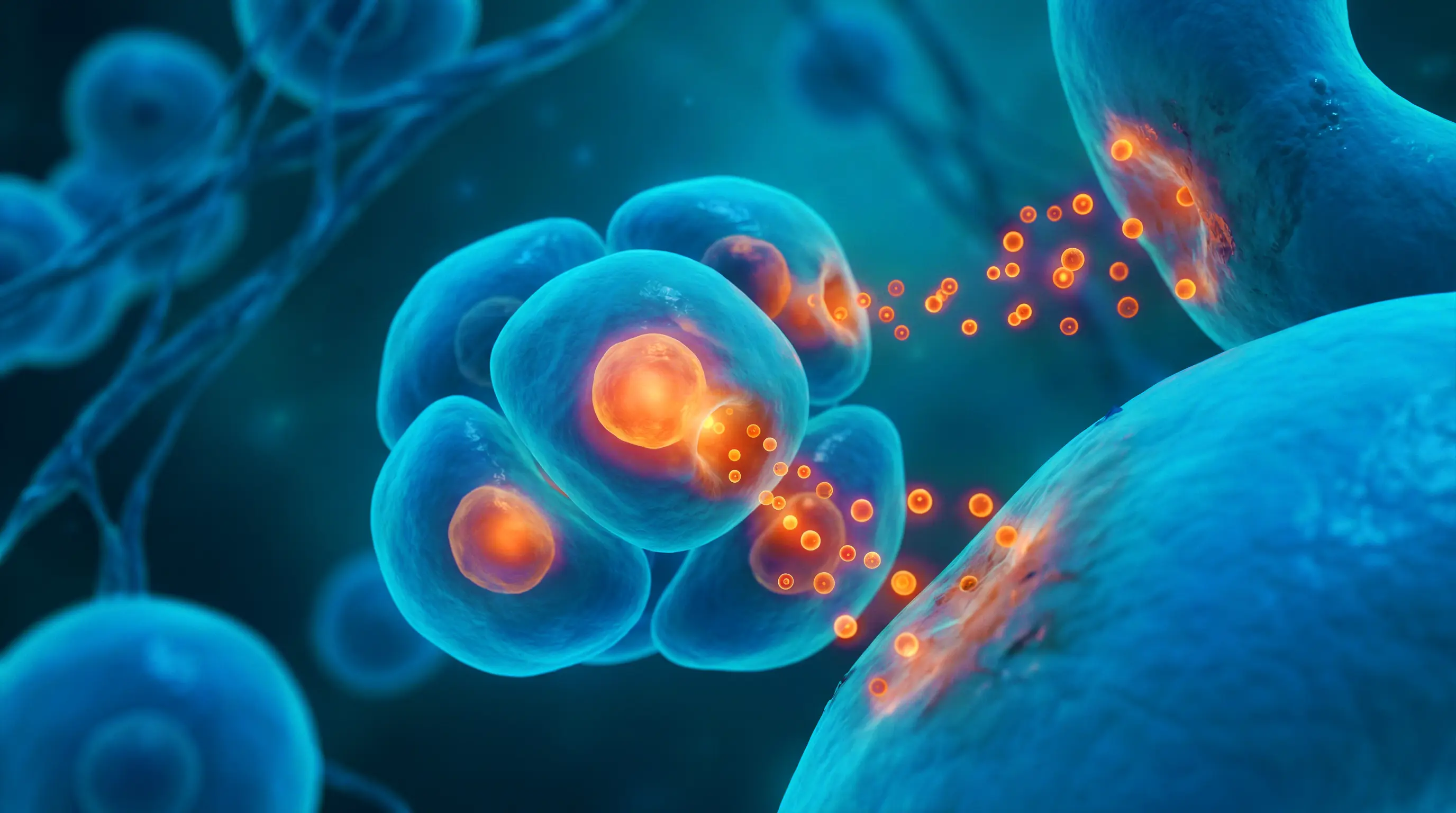 Illustration of stem cells releasing healing signals toward damaged tissue.