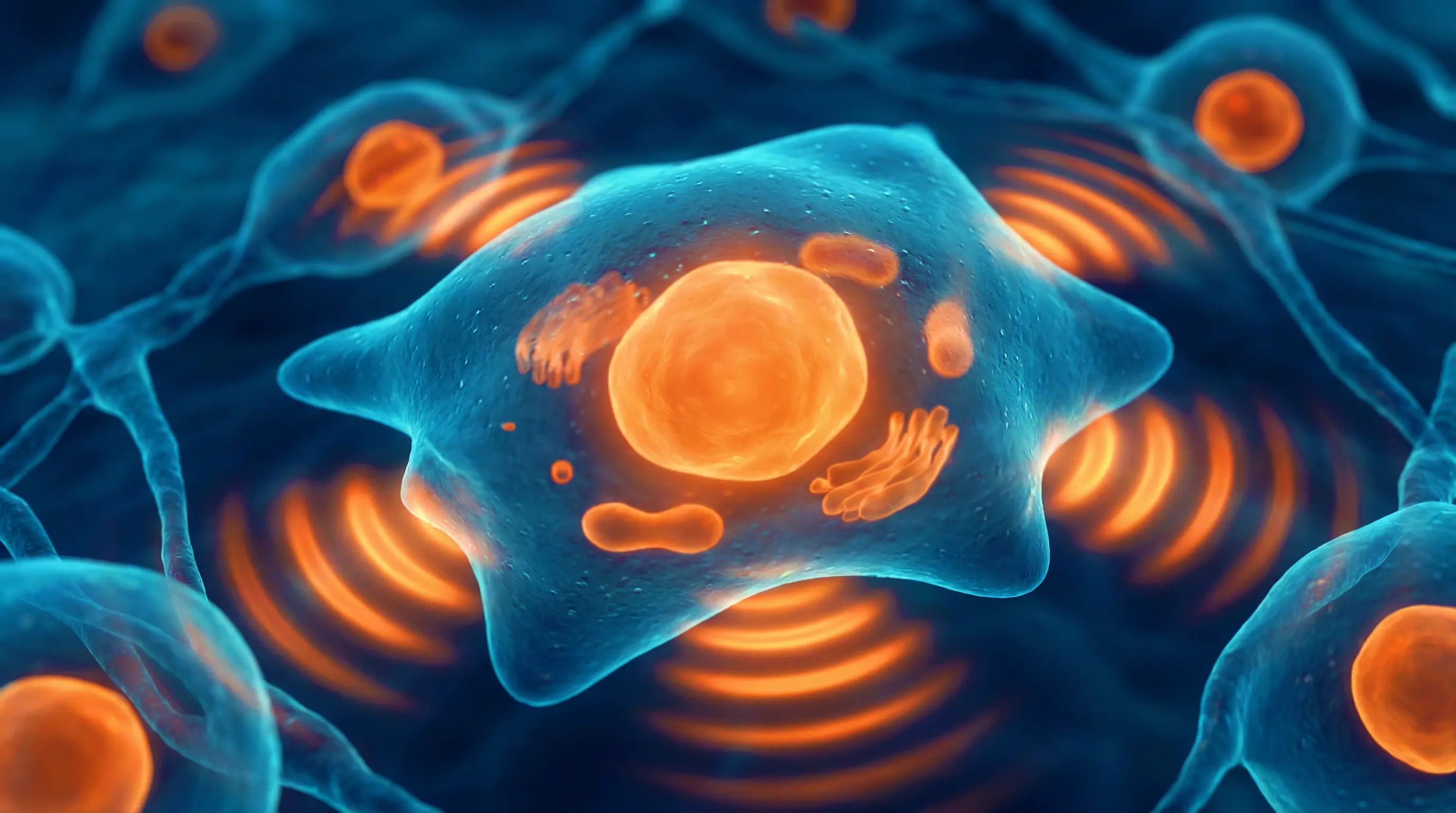 3D illustration of a stem cell with a glowing orange nucleus, sending rippling signals to nearby cells.