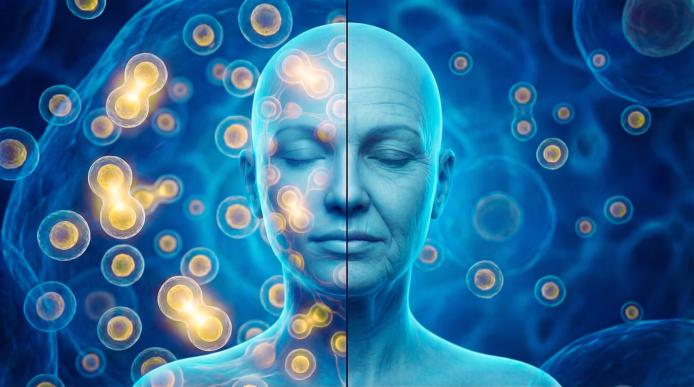 Split-face medical illustration showing cellular ageing effects and stem cells around a human figure.