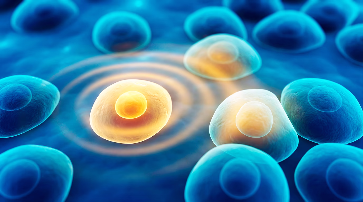 Close-up illustration of a glowing stem cell surrounded by blue cells, showing cellular signalling.