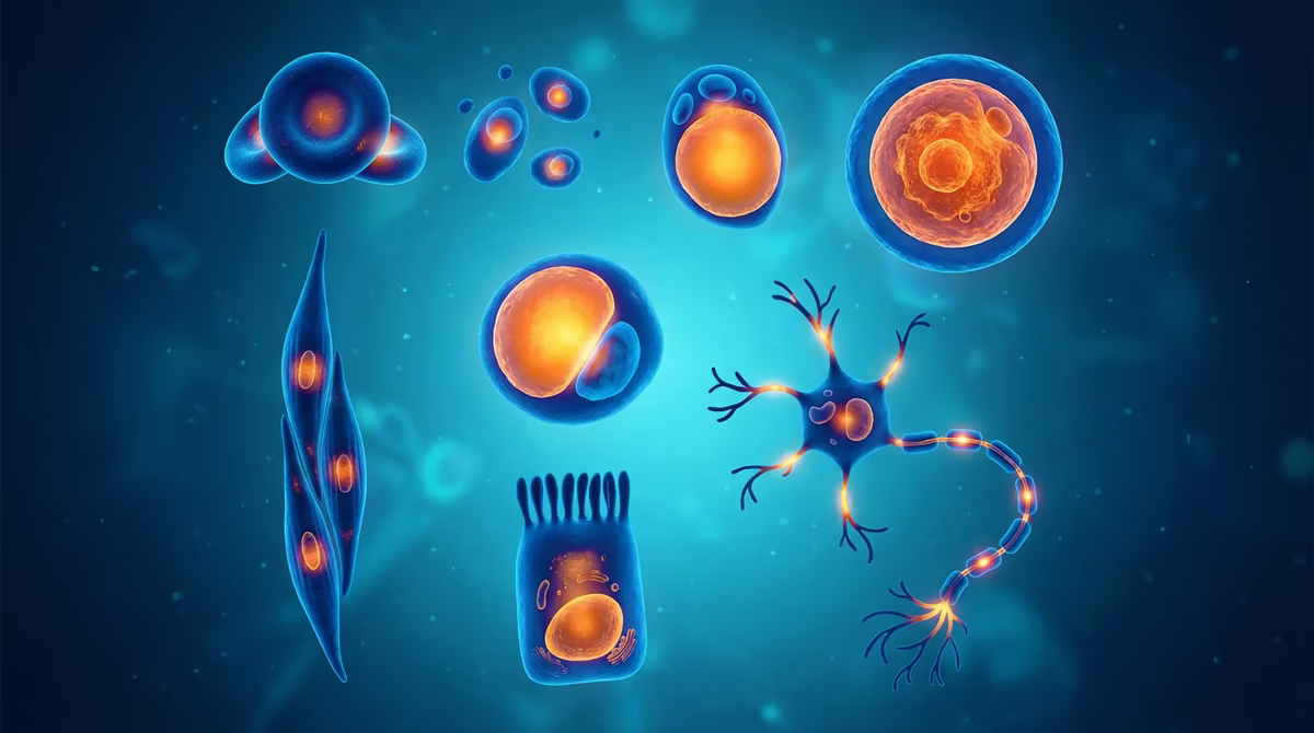 Illustration showing stem cells differentiating into specialised cells, including a neuron, muscle cell, and epithelial cell.