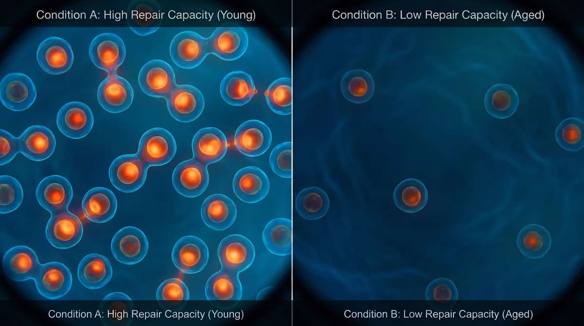 Side-by-side graphic comparing many active repair cells in youth versus fewer, slower repair cells with ageing.