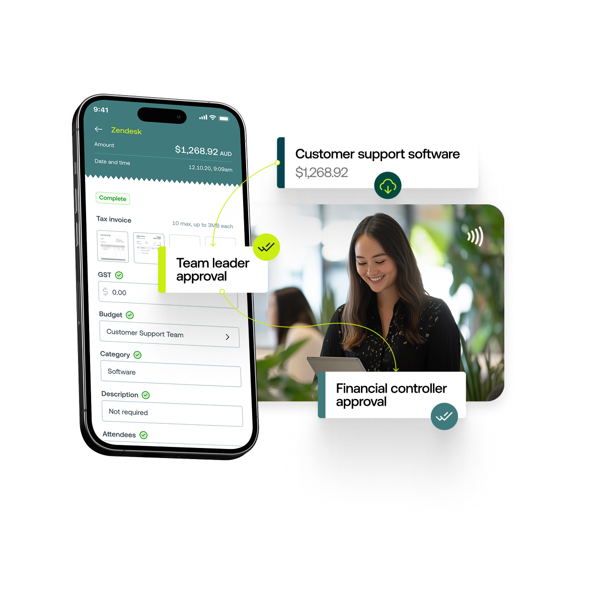 Woman looking down at an ipad with a mobile app overlaid featuring expense details
