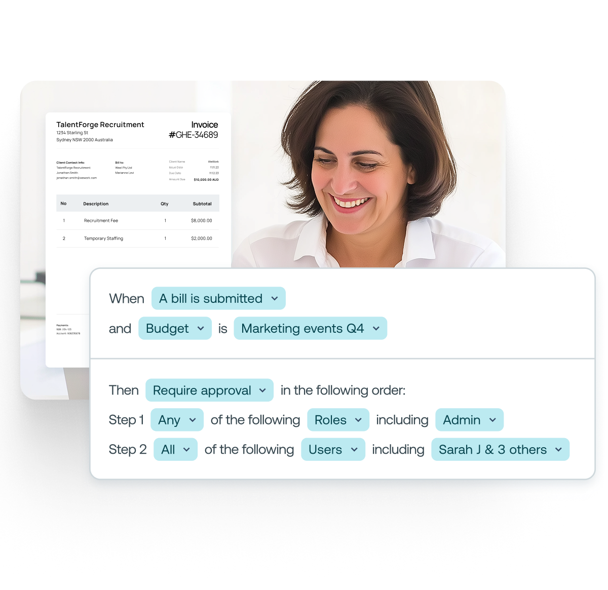 Woman and invoice overlaid with approval rule settings