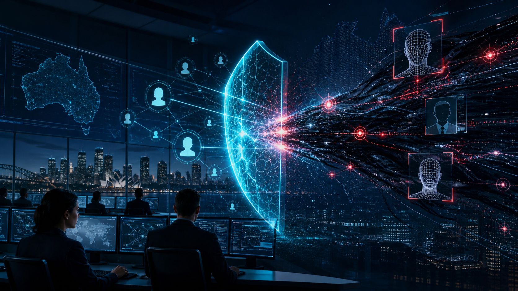 AI cyber threat defence visual showing automated attack simulation and AI-driven cyber attacks targeting Australian organisations