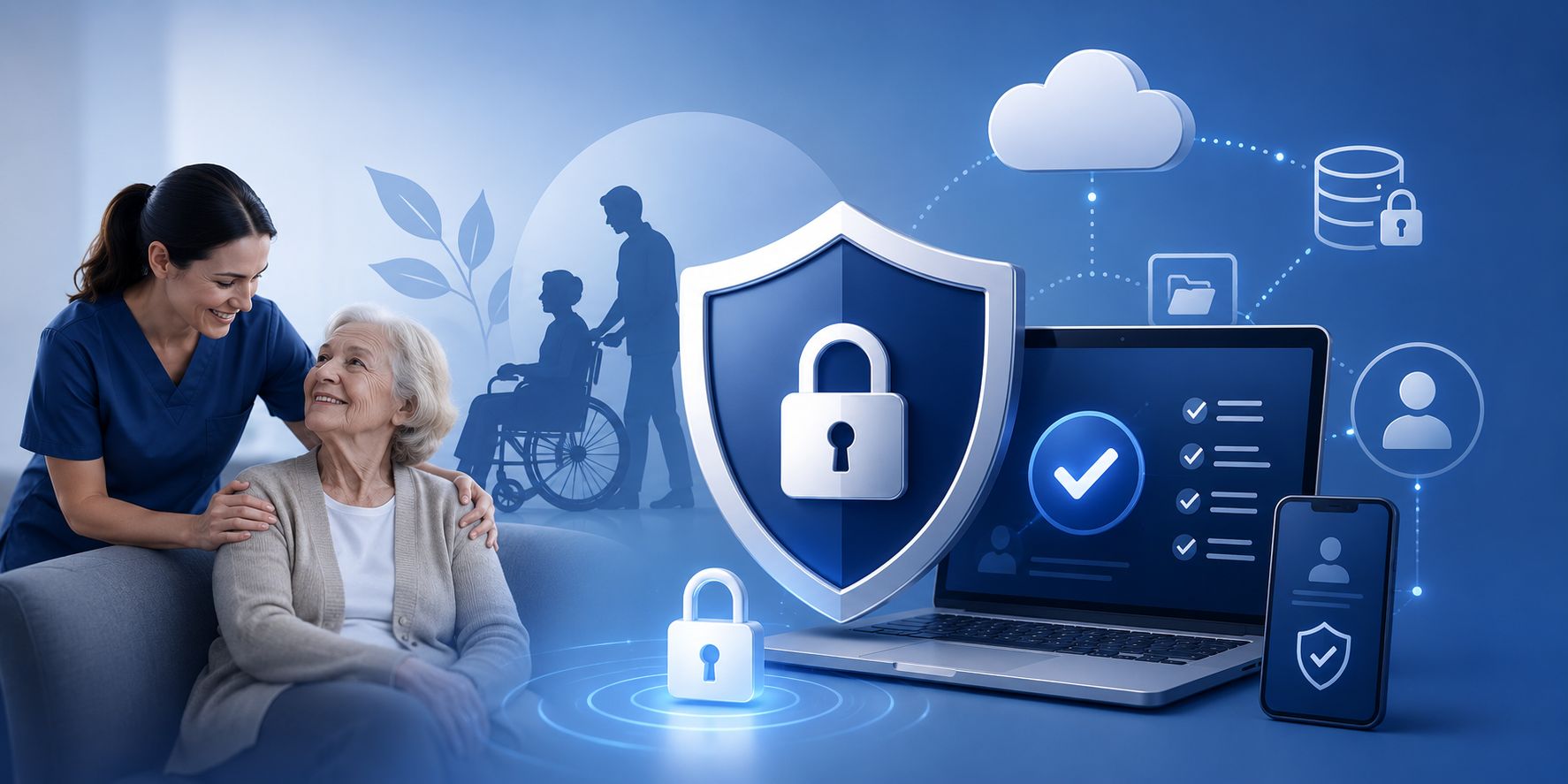 NDIS and aged care cybersecurity concept showing secure patient data protection, cloud systems and penetration testing for compliance