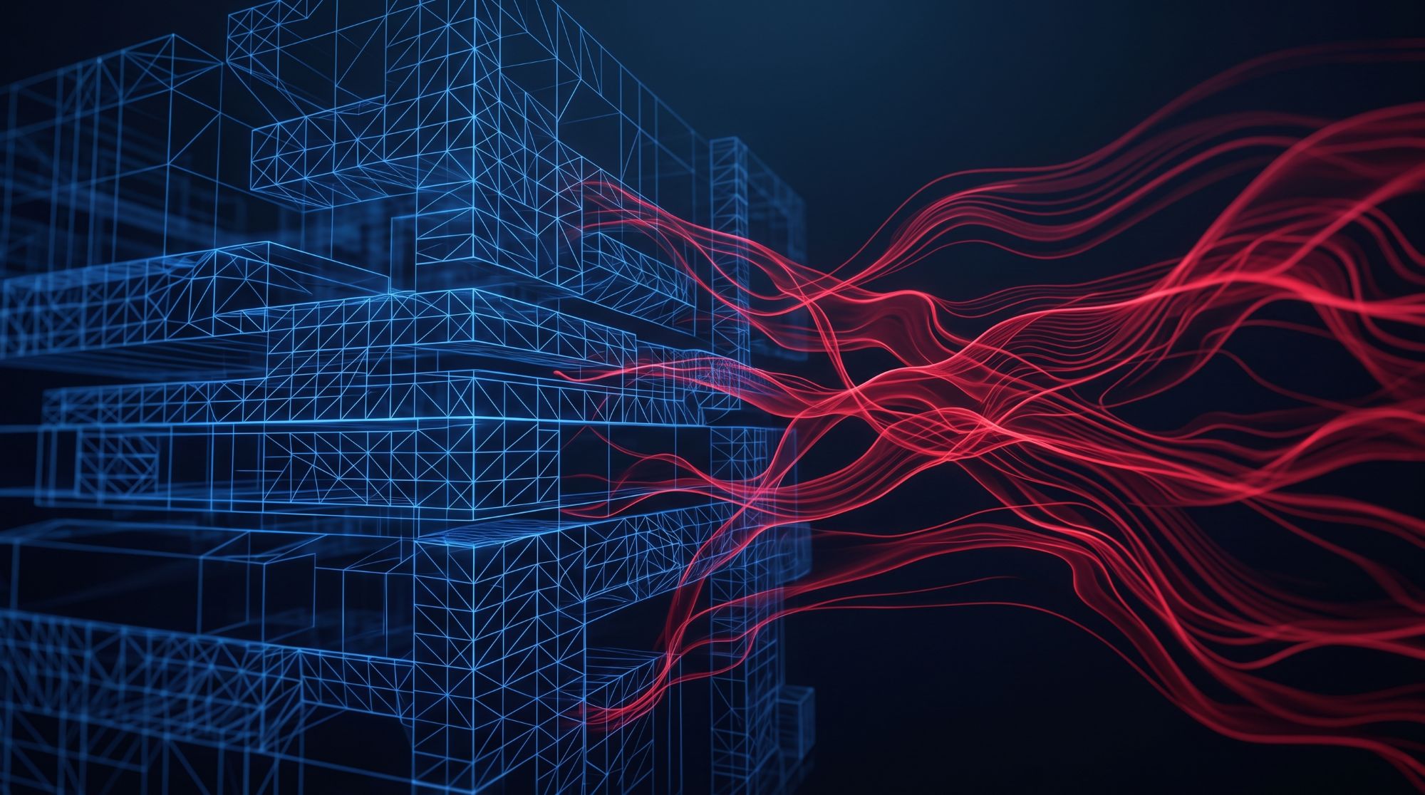 Abstract 3D digital network visualisation comparing blue wireframe penetration testing defences with fluid crimson red teaming attack vectors.