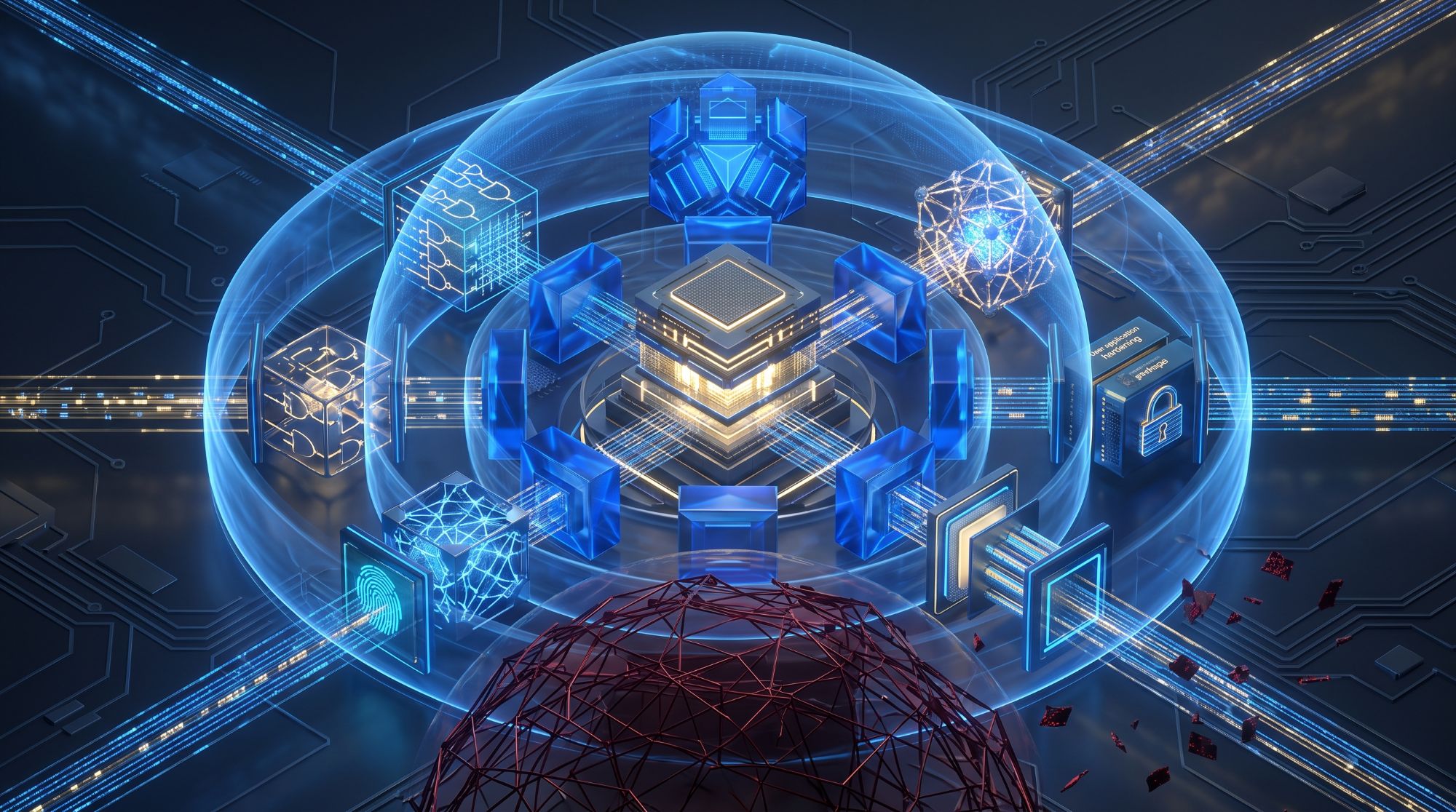 Abstract 3D digital illustration of eight interconnected cyber security modules forming a multi-layered protective dome around a central core, representing ASD Essential Eight Maturity Level 3.