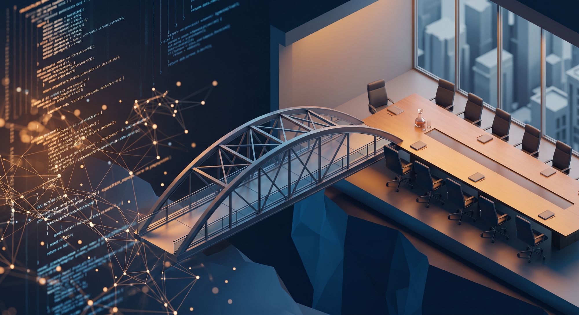 A 3D conceptual illustration of a bridge connecting glowing digital code to a modern boardroom table, representing the translation of technical cyber security risks to business stakeholders.