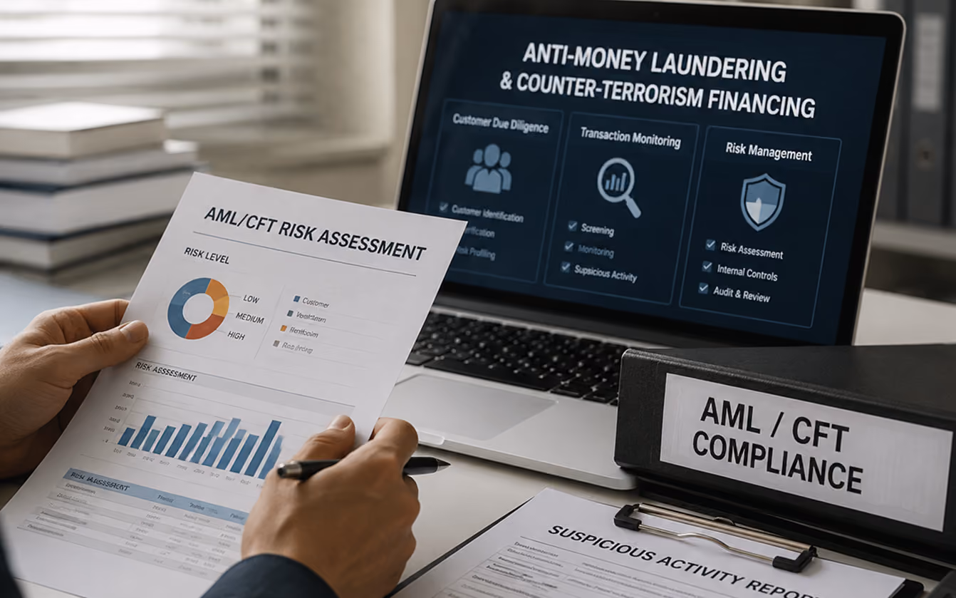 Person reviewing an AML/CFT risk assessment report with charts and a laptop showing anti-money laundering info.