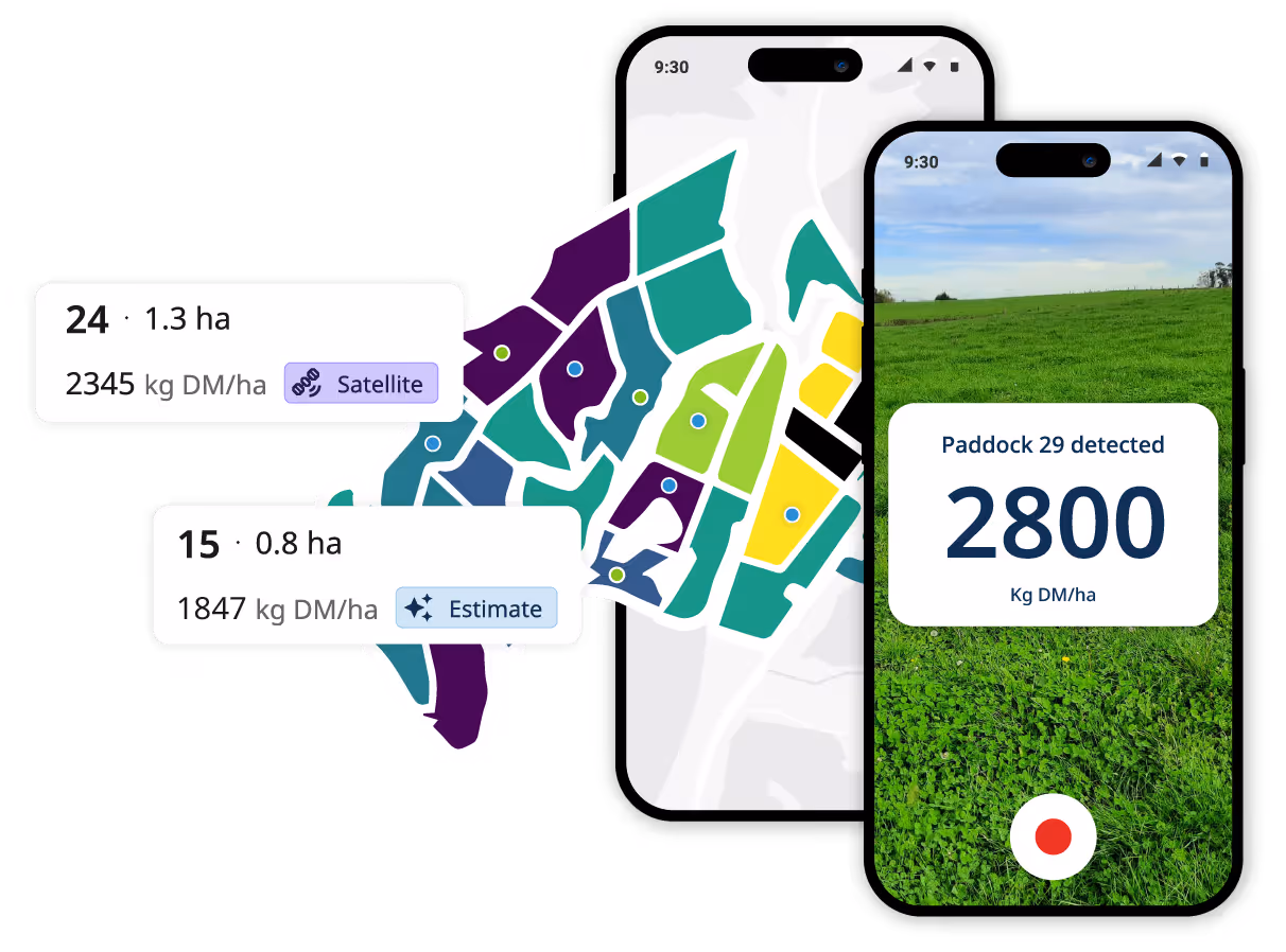 A phone displaying a map, and an overlay showing the amount of paddocks measured and estimated