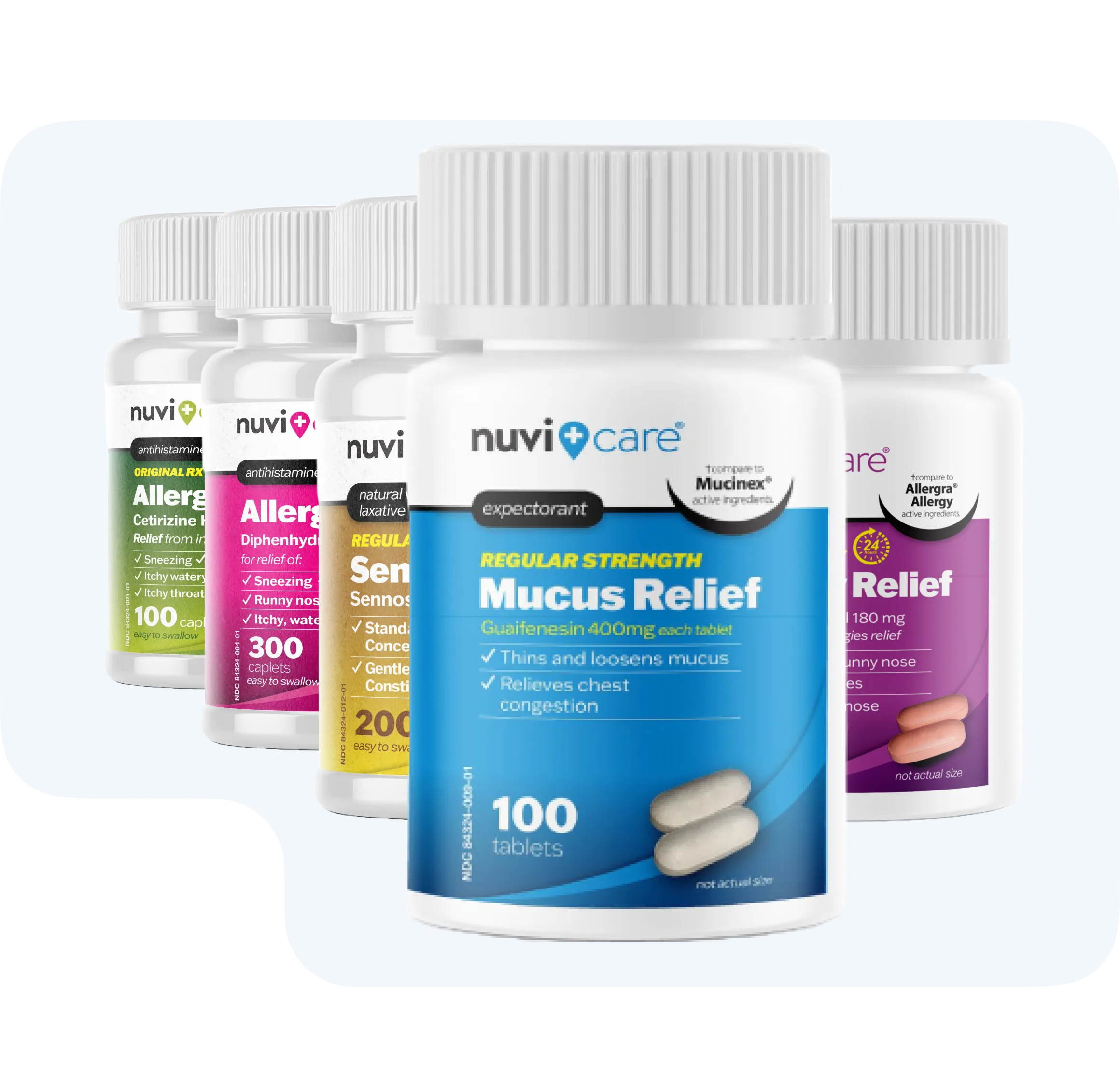 Five NuviCare medicine bottles in a row including mucus relief, allergy, and senna laxative tablets.