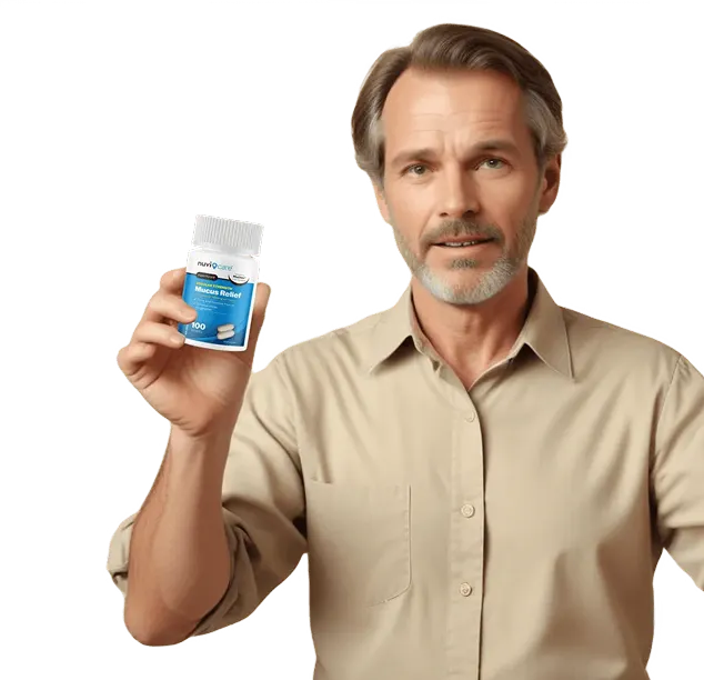 Middle-aged man with gray hair holding a bottle of mucus relief capsules.
