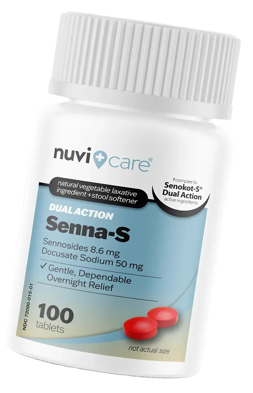 Bottle of NuviCare Senna-S laxative tablets with 100 tablets for overnight relief.