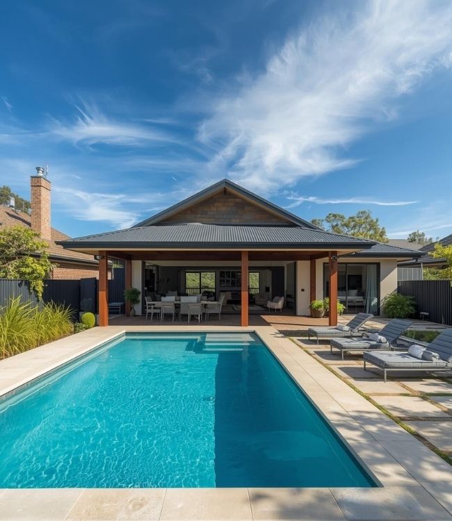 A modern house with a swimming pool and sun loungers viewed from the end of the swimming pool used on a page for home mortgage refinancing