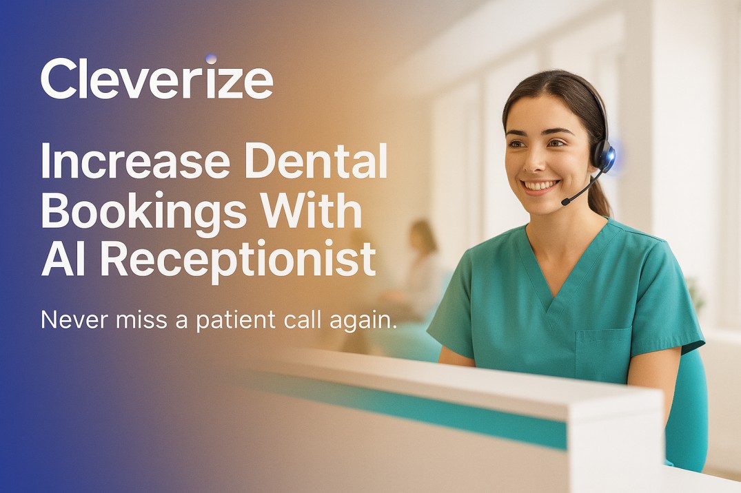 Clean dental office lobby with AI virtual receptionist assisting patients