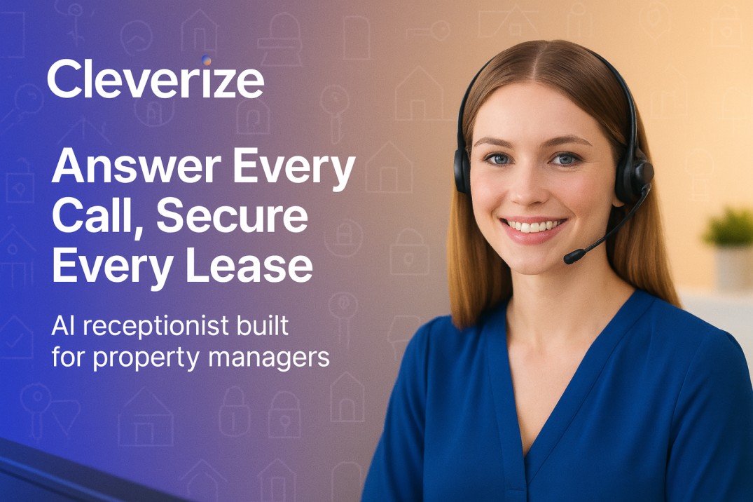 Cleverize AI receptionist in blue blouse pointing to “Answer Every Call, Secure Every Lease” in modern property office
