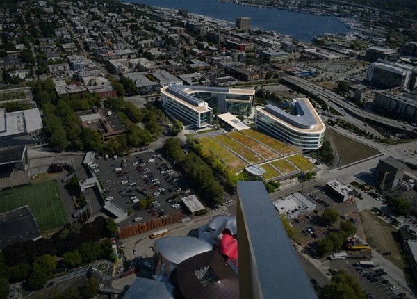 Gates Foundation headquarters in Seattle photographed from above.