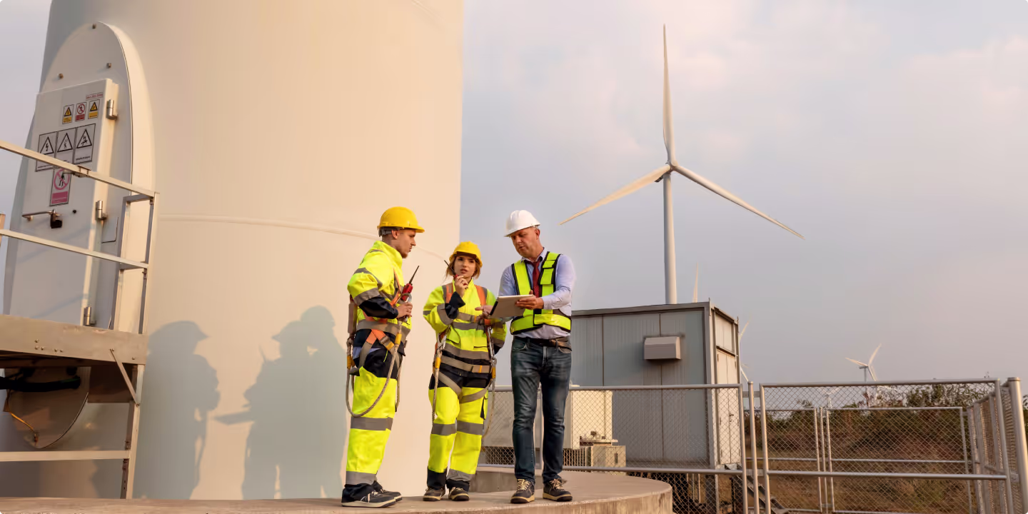 Full outdoor shot of three workers at a wind turbine facility. 