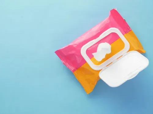 Open package of wet wipes in colorful pink and orange packaging on a light blue background, showcasing hygiene and personal care products.