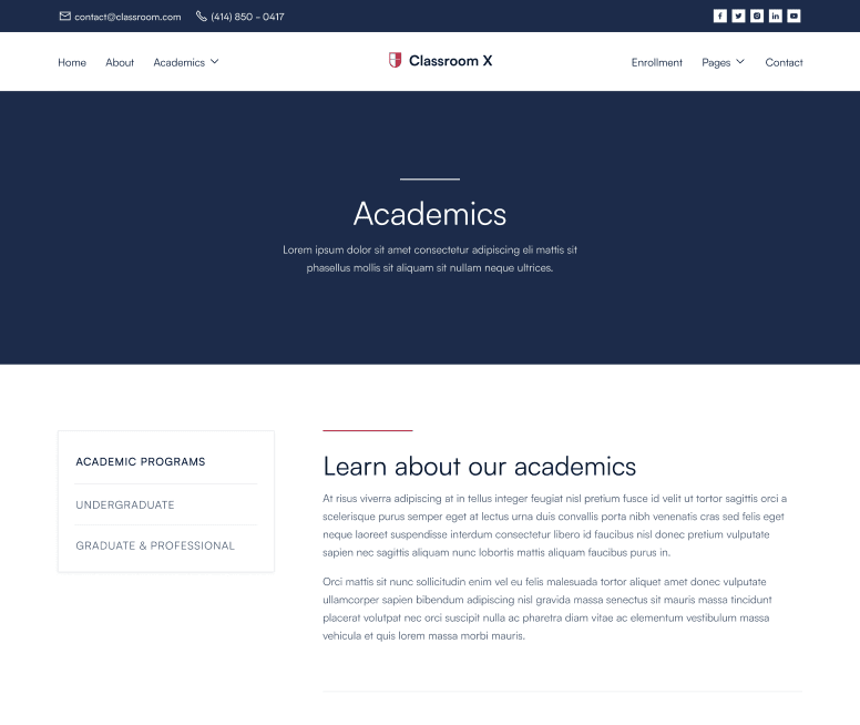 Classroom X - Academics Page - Home Page - University Webflow Template