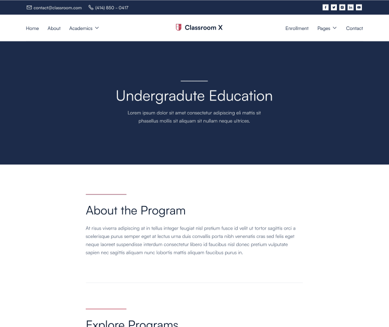 Classroom X - Academic Single Page - Home Page - University Webflow Template