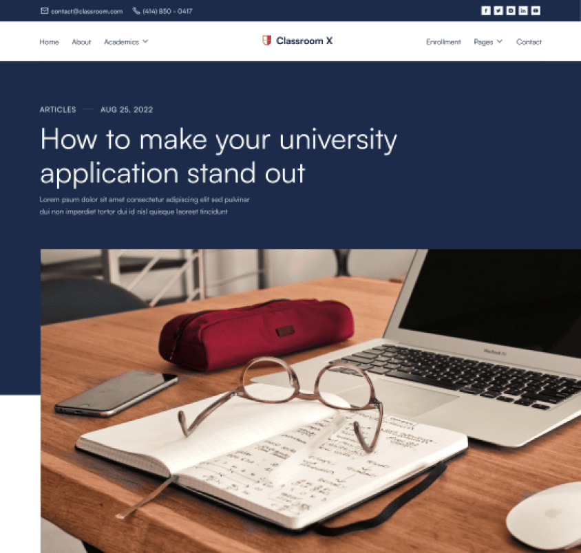 Classroom X - Blog Post Page - Home Page - University Webflow Template
