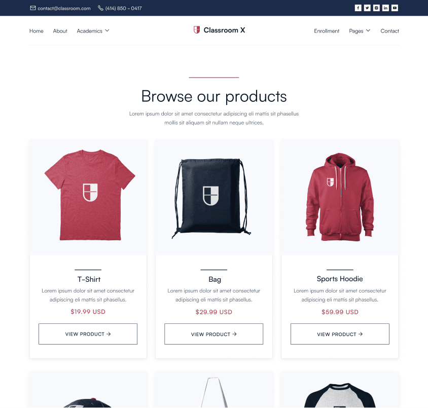 Classroom X - Shop Page - Home Page - University Webflow Template