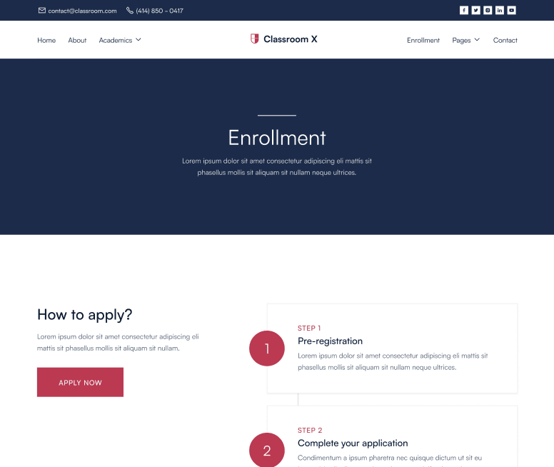 Classroom X - Enrollment Page - Home Page - University Webflow Template