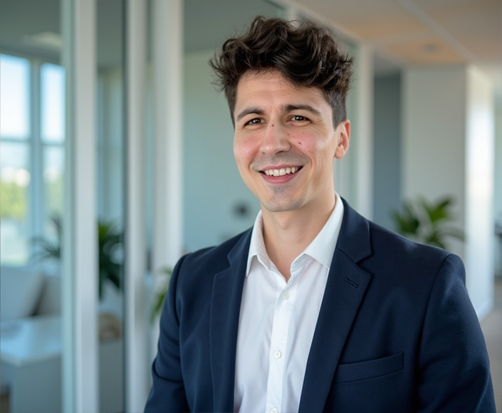 Avatar Jeune homme souriant portant une veste bleu marine et une chemise blanche dans un bureau moderne.