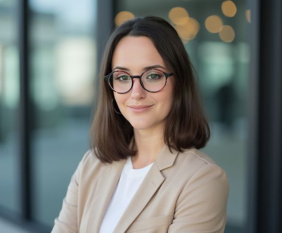 Avatar d'une femme souriante avec des lunettes et une veste beige devant un fond flou.