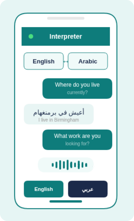 Earlybird app interface showing English to Arabic voice translation with listening indicator and hold-to-speak buttons.