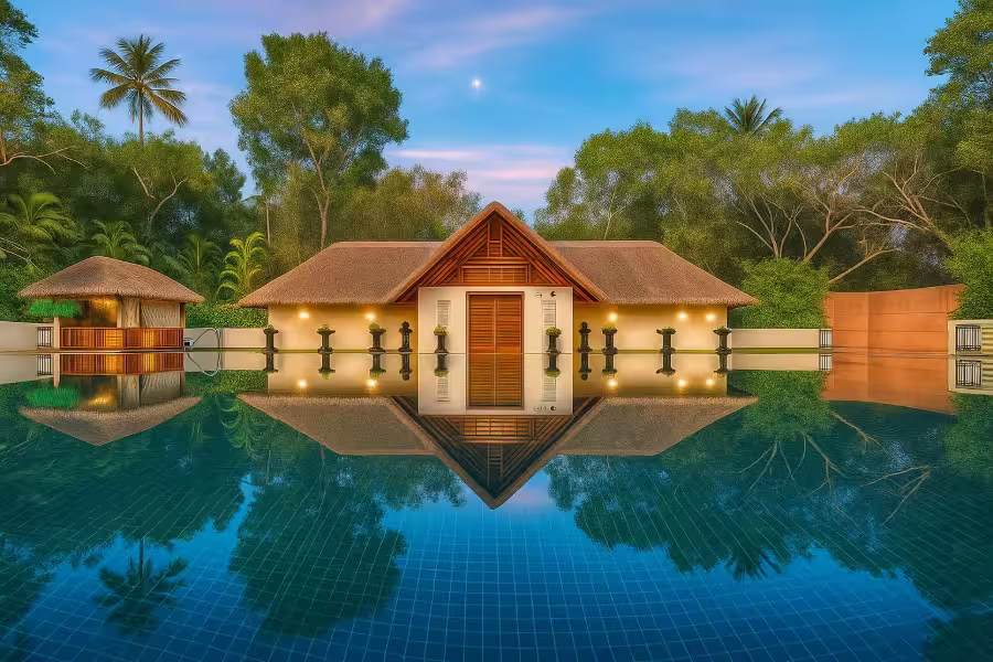 Traditional Ayurveda retreat center with spa treatments and serene accommodations in India