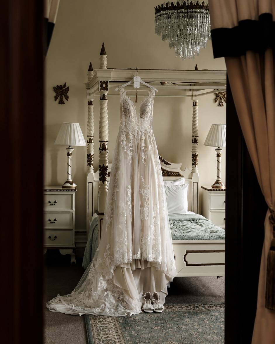 wedding dress at Orchardleigh house