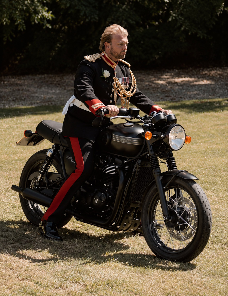 Groom on motorbike at Orchardleigh House