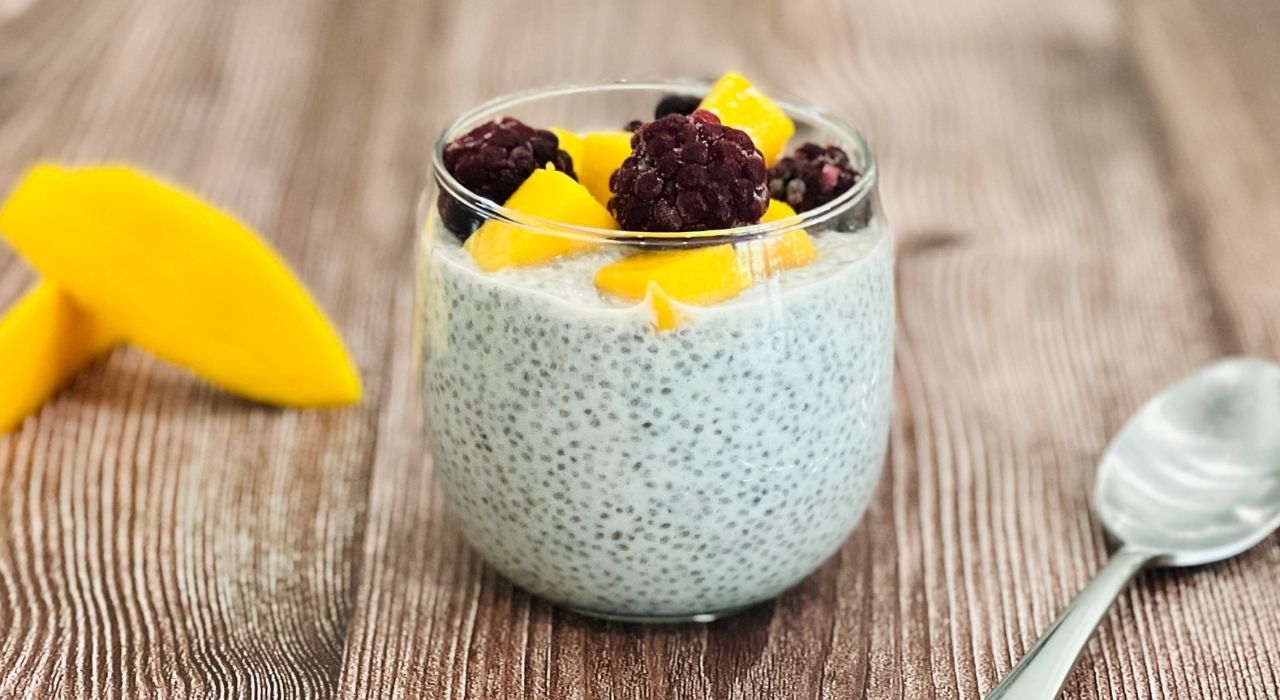 bowl of chia pudding topped with fruit