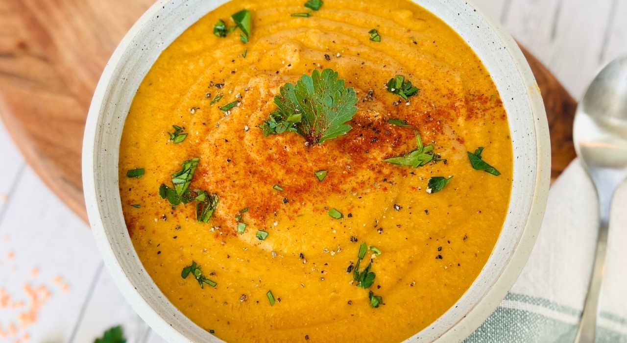 Bowl of roasted pepper lentil soup