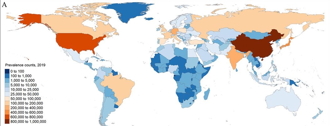 World map showing the prevalance of IBD in 24 countriies