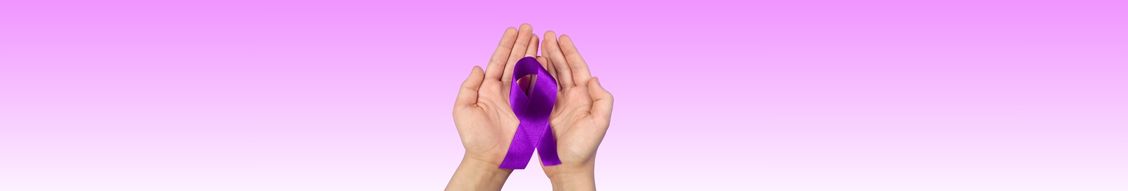 Purple banner with hands holding the purple IBD ribbon, 