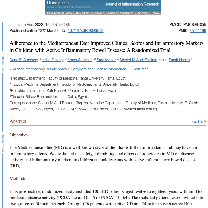 Adherence to the Mediterranean Diet Improved Clinical Scores and Inflammatory Markers in Children with Active Inflammatory Bowel Disease: A Randomized Trial