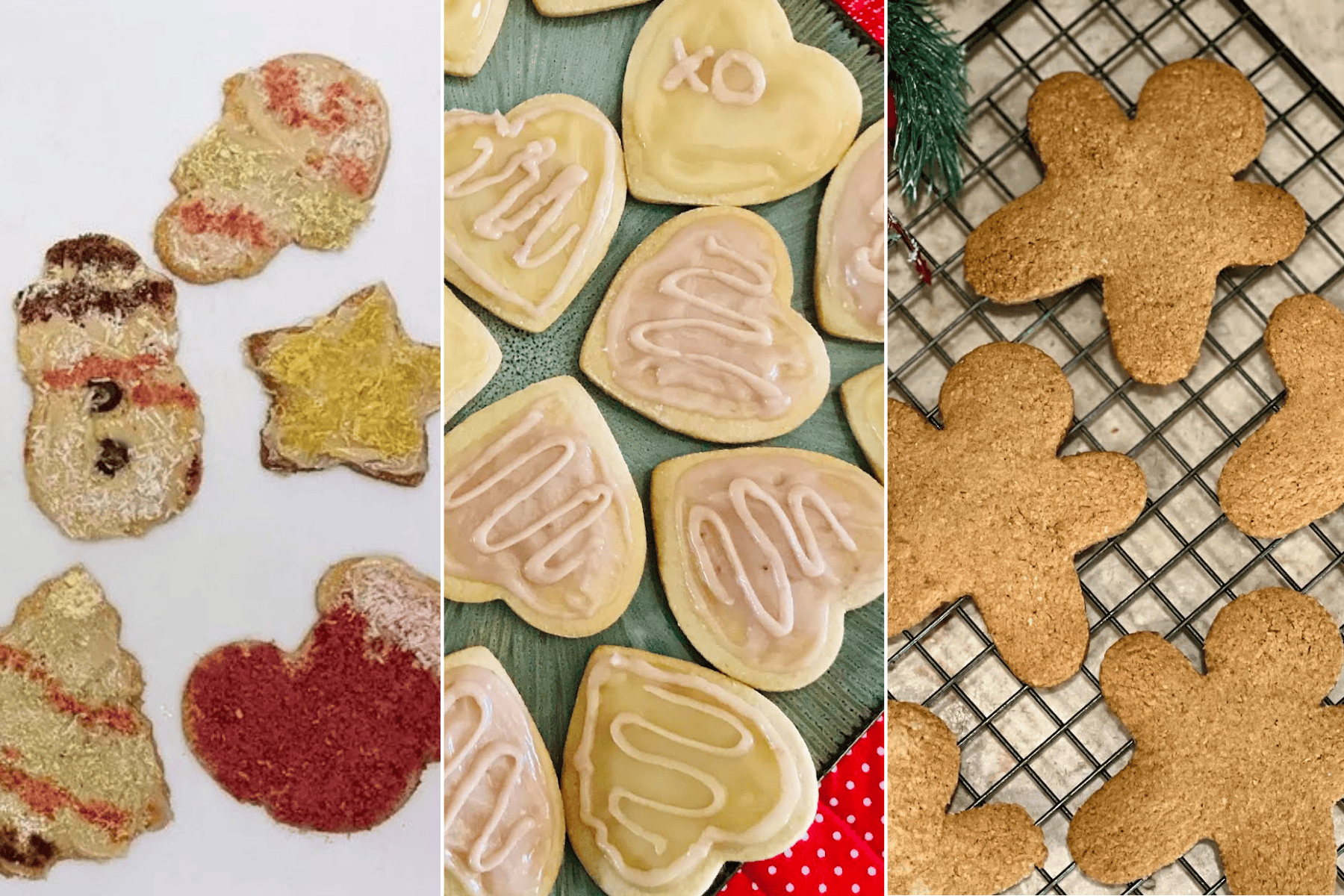 3 examples of cut out cookies- decorated holiday cookies, valentine's day hearts and traditional gingerbread