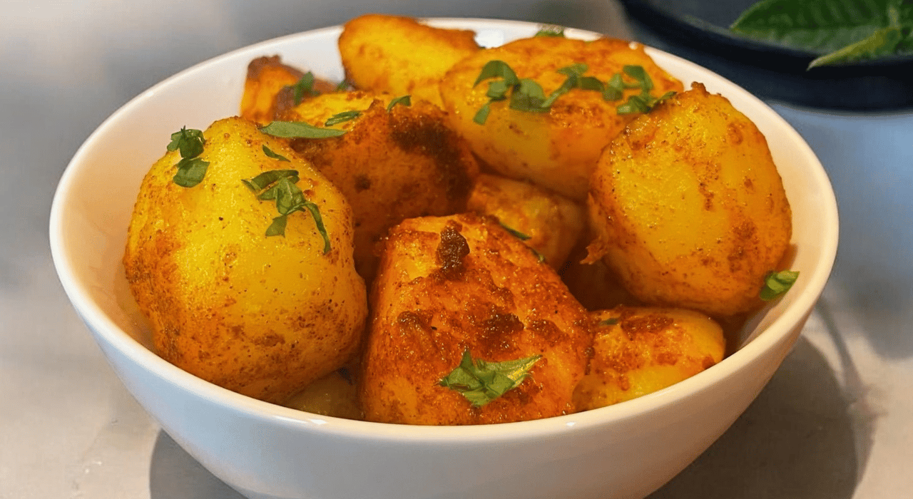 Pan-fried leftover potatoes tossed with mild curry powder, paprika, ginger, and black pepper, crisped in olive oil until golden and flavorful.