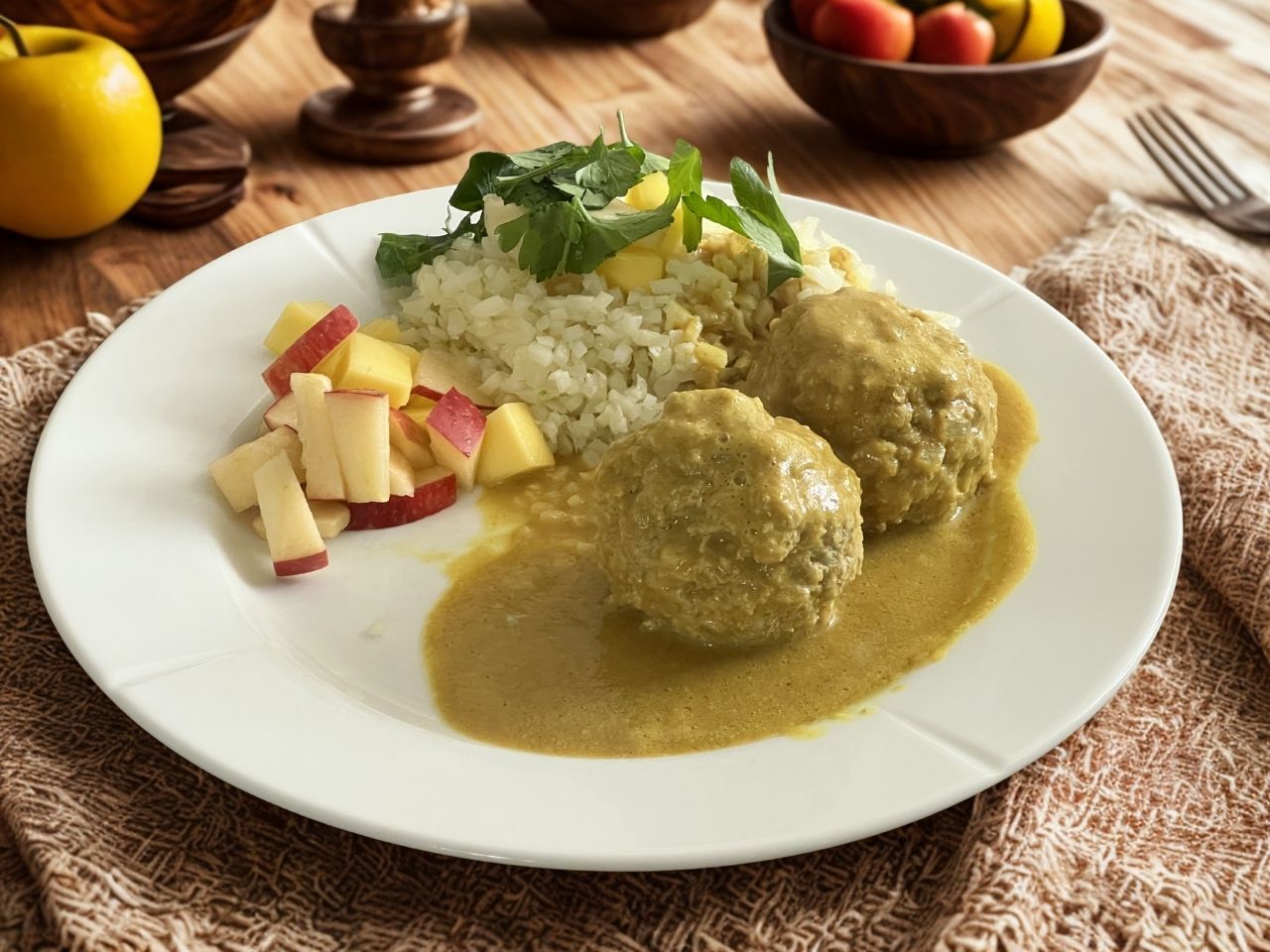 Boller i Karry - Danish meatballs in curry sauce on a plate with apple and mango