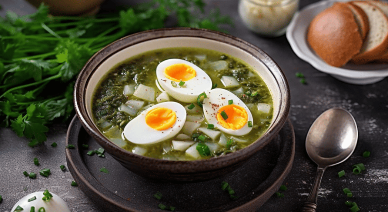 Bowl of green borscht with 3 hard boiled egg halves on top