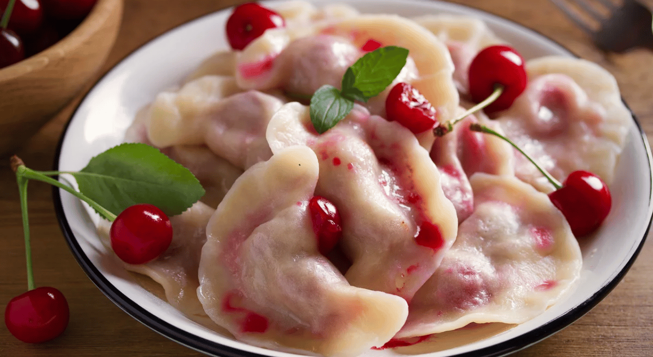 Cherry stuffed dumplings garnished with cherries on a plate