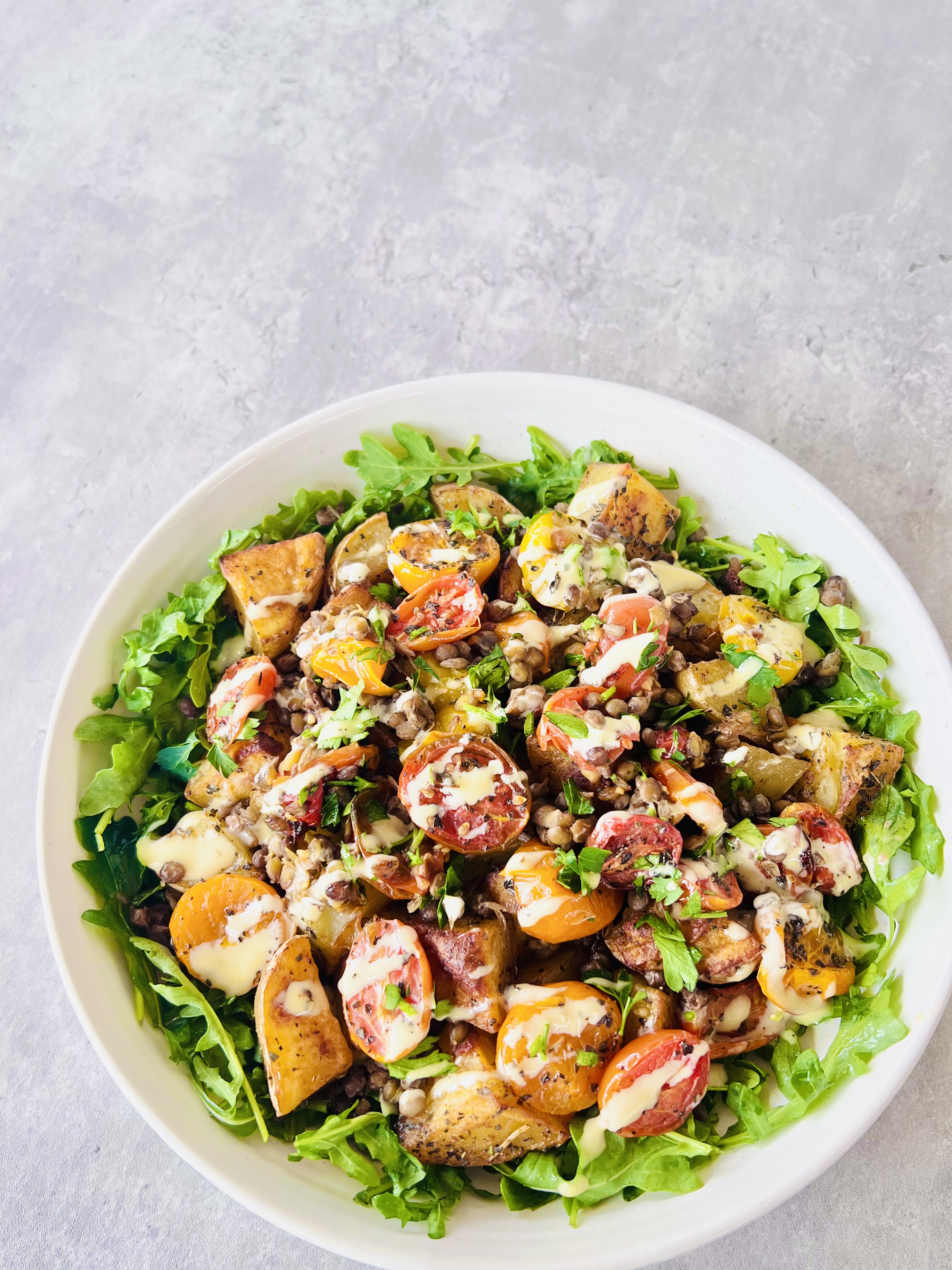 Warm Roated Potato, Lentil and Tomato Salad