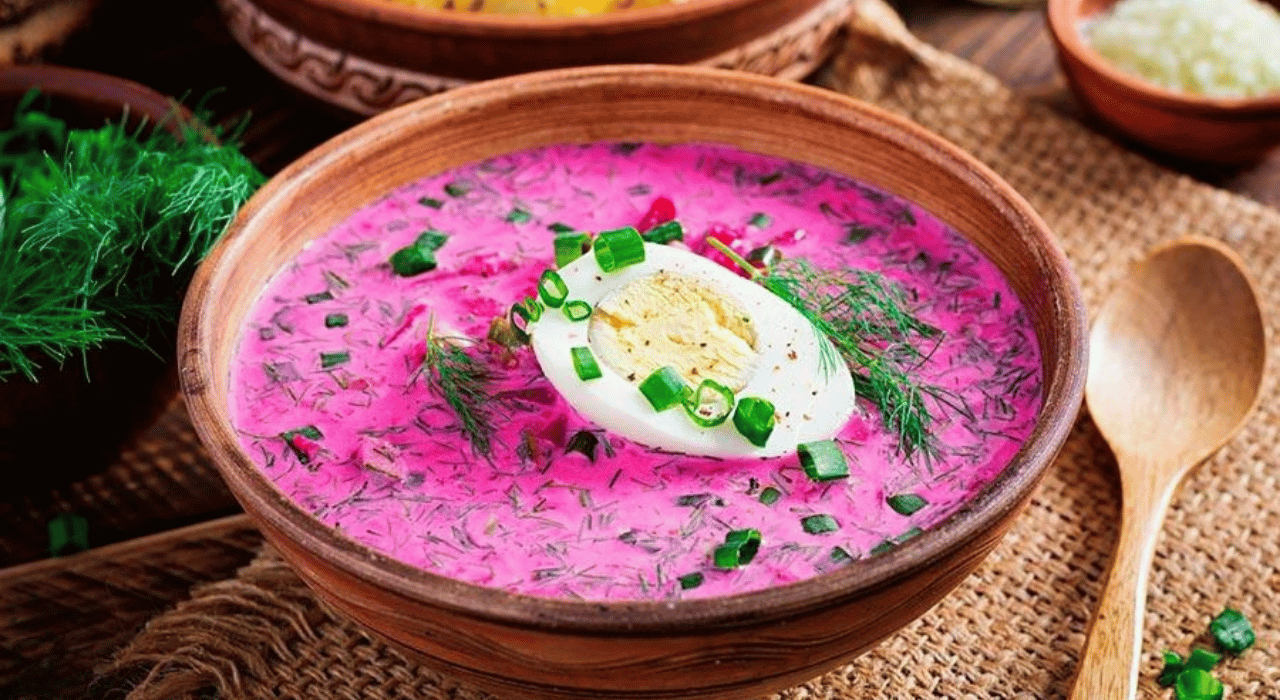 A bowl of cold vegetable and beef soup (Okroshka) with a hard boiled egg on top, garnished with green onion.